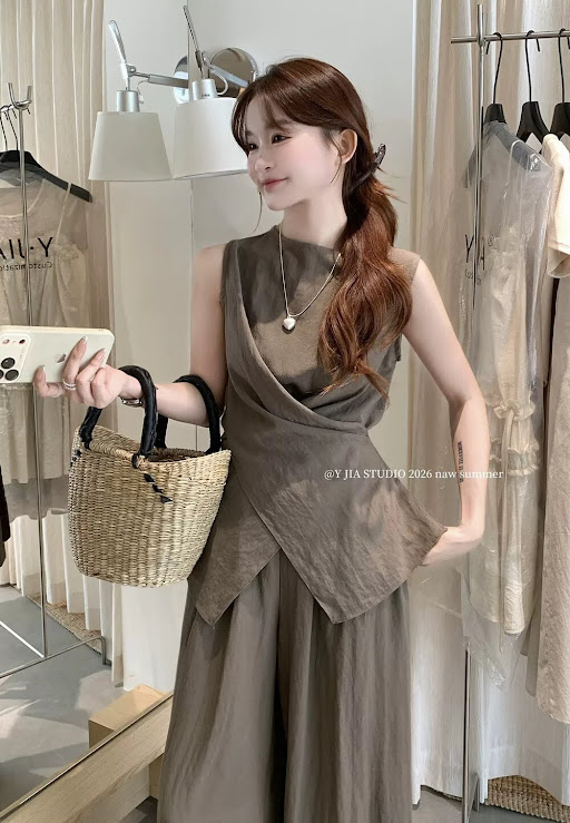 Set áo zile cổ tròn vạt đan + quần ống suông dáng dài YJIA_thumbnail_7