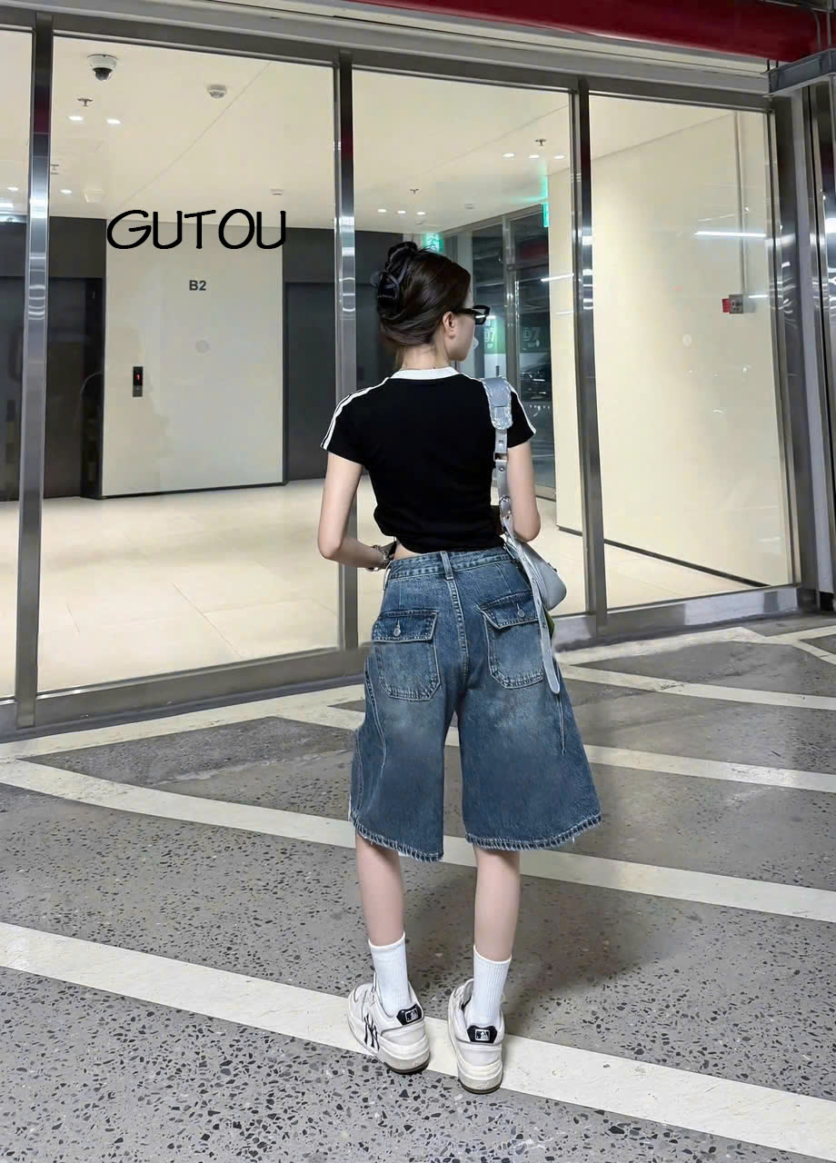 [ GUTOU ] Quần Jean Lửng Wash Rách Flap Pocket_thumbnail_2