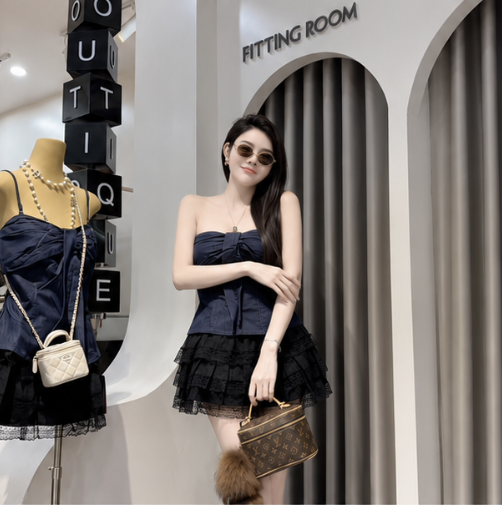 Chân Váy Ngắn Tầng Voan Ren + Áo 2 Dây Denim Nơ Ngực