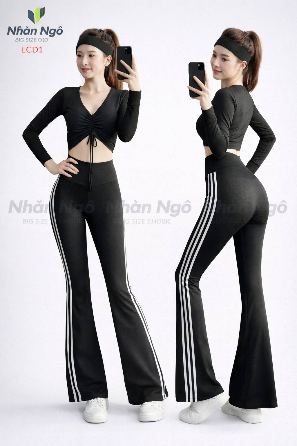 Set Tập Yoga -Gym Nữ Croptop Rút Dây tay dài Và Quần Ống Loe Cạp Cao LCD