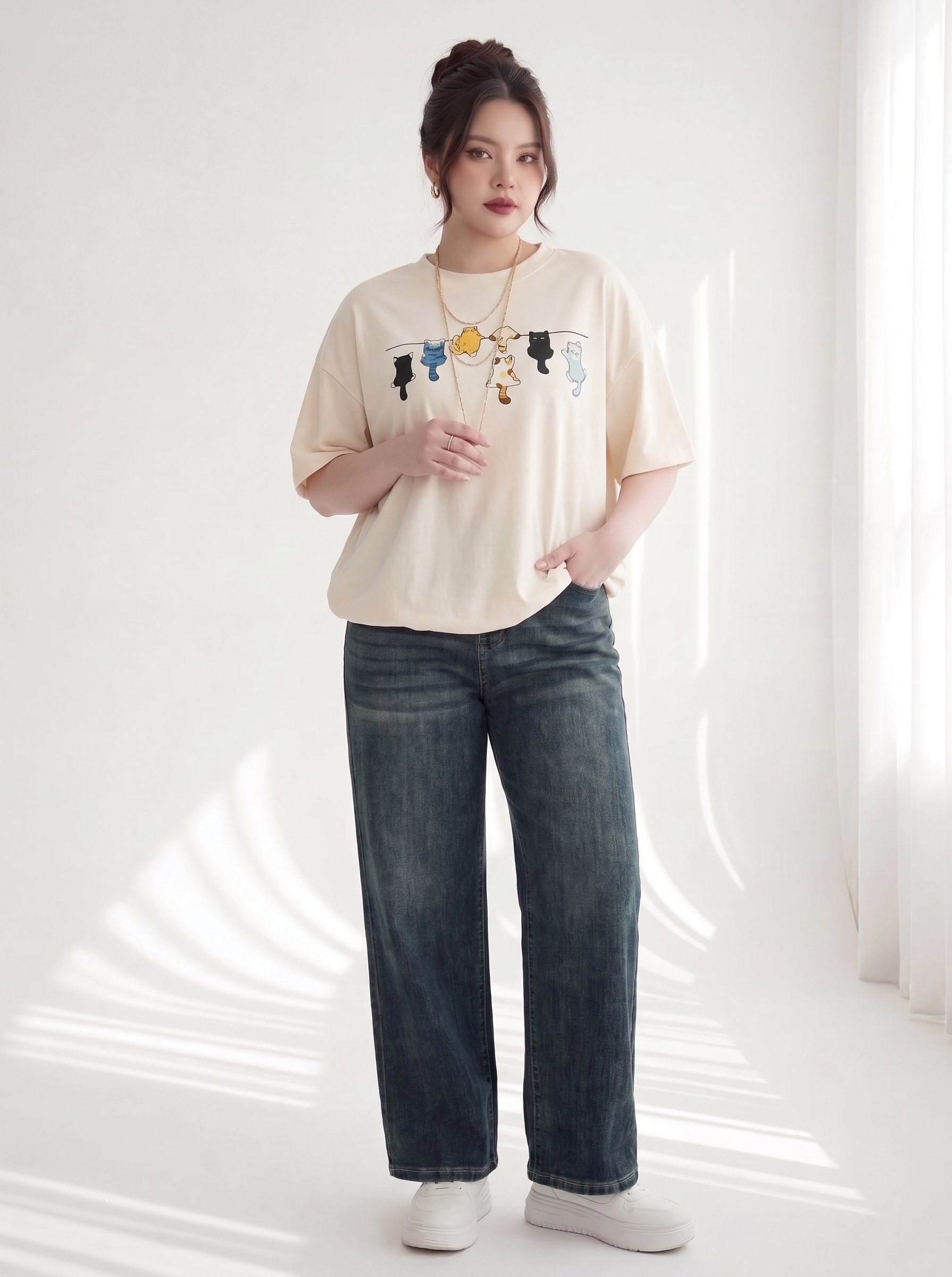 BIGSIZE NỮ - Áo thun form rộng in mèo dành cho nàng béo 55-95kg V-AK102-1