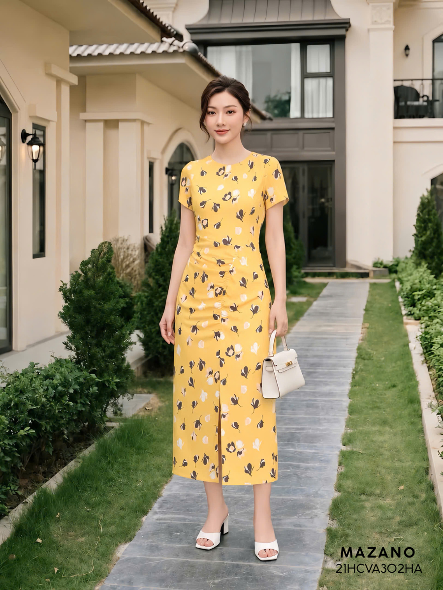 Đầm vàng họa tiết nhún eo_thumbnail_0