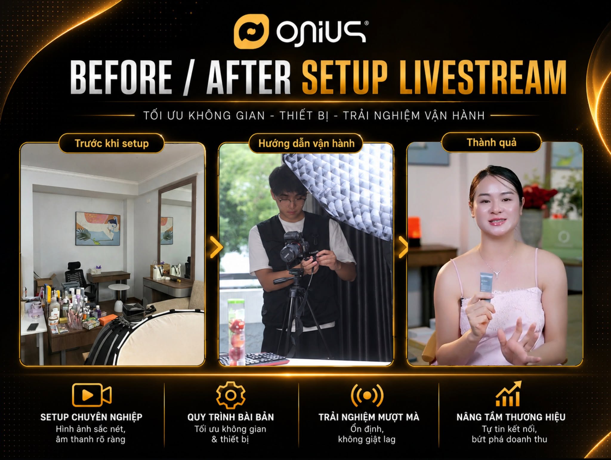 Before After setup livestream — từ webcam laptop sang studio chuyên nghiệp