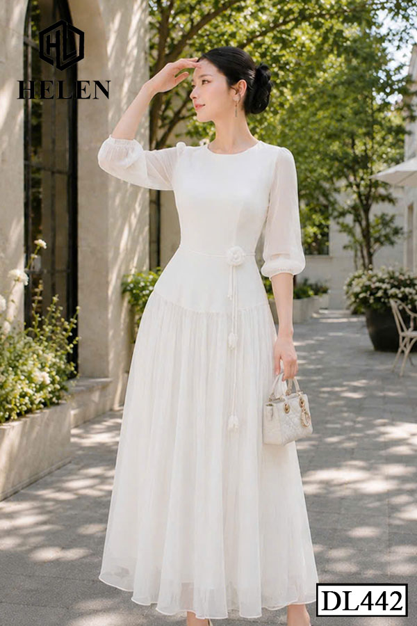 Đầm xòe liền thân màu trắng đính hoa eo DL442_thumbnail_3