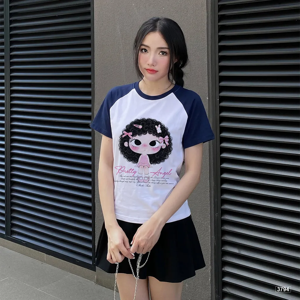 Áo babytee raglan mix màu Pretty Angel bé gái tóc xoăn phong cách Hàn Quốc Miucho 3794_thumbnail_2