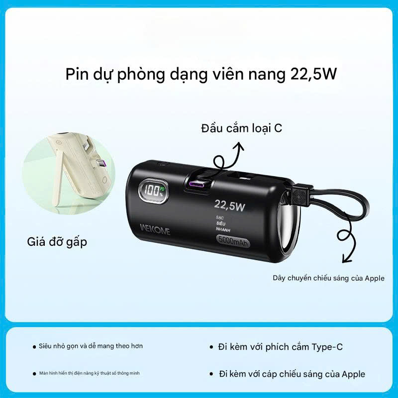 T-ECO SHOP | Pin Sạc Dự Phòng Mini 5000mAh 22.5W – Tích Hợp Type-C & Lightning, Có Dây, Màn LED_thumbnail_3