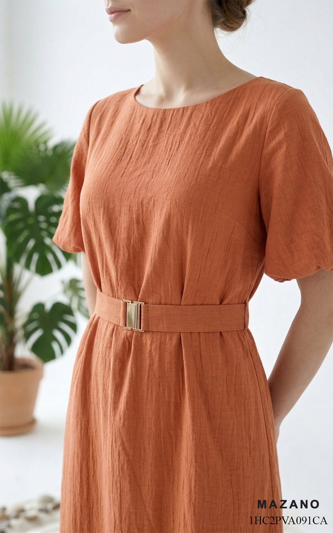 Đầm vải linen cách điệu dáng suông cổ thuyền tay bồng ngắn thiết kế MAZANO_thumbnail_4