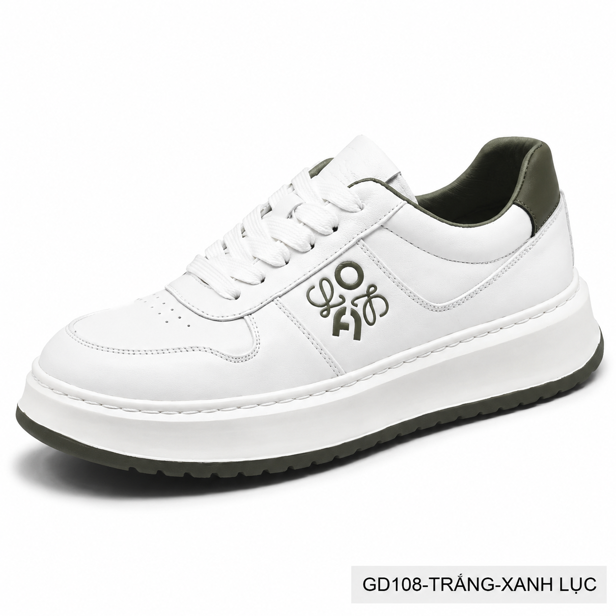 GD108 - Giày thể thao nam da bò thật đế trắng phối màu xanh lục và đen