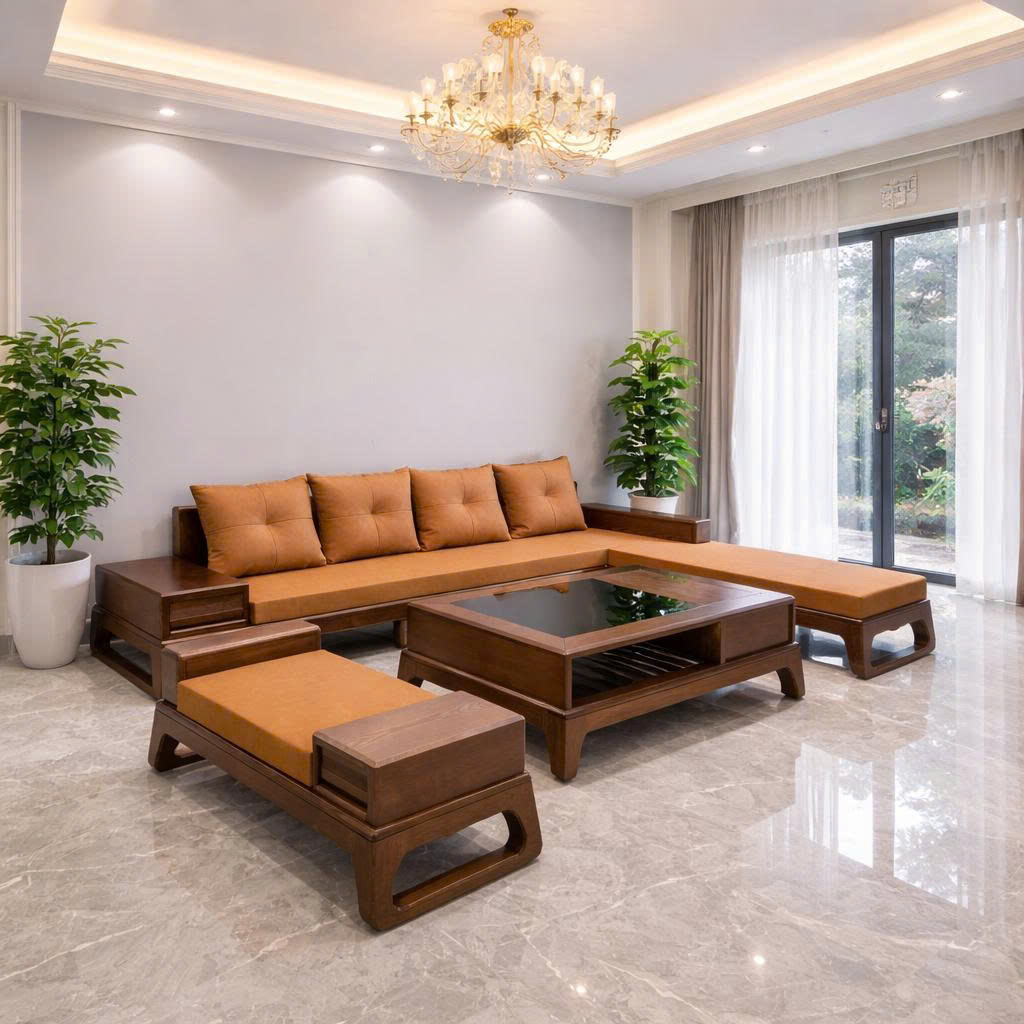 Sofa góc L chân Quỳ vế trái màu nâu sậm, đệm màu vàng đồng