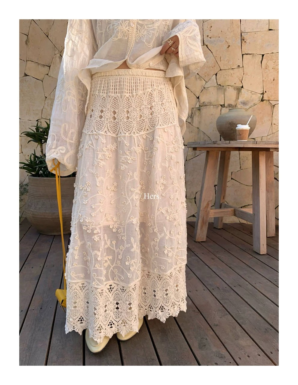 Lucas - Chân váy thô thêu nổi phối ren lỗ viền cạp dáng dài Hers_thumbnail_2