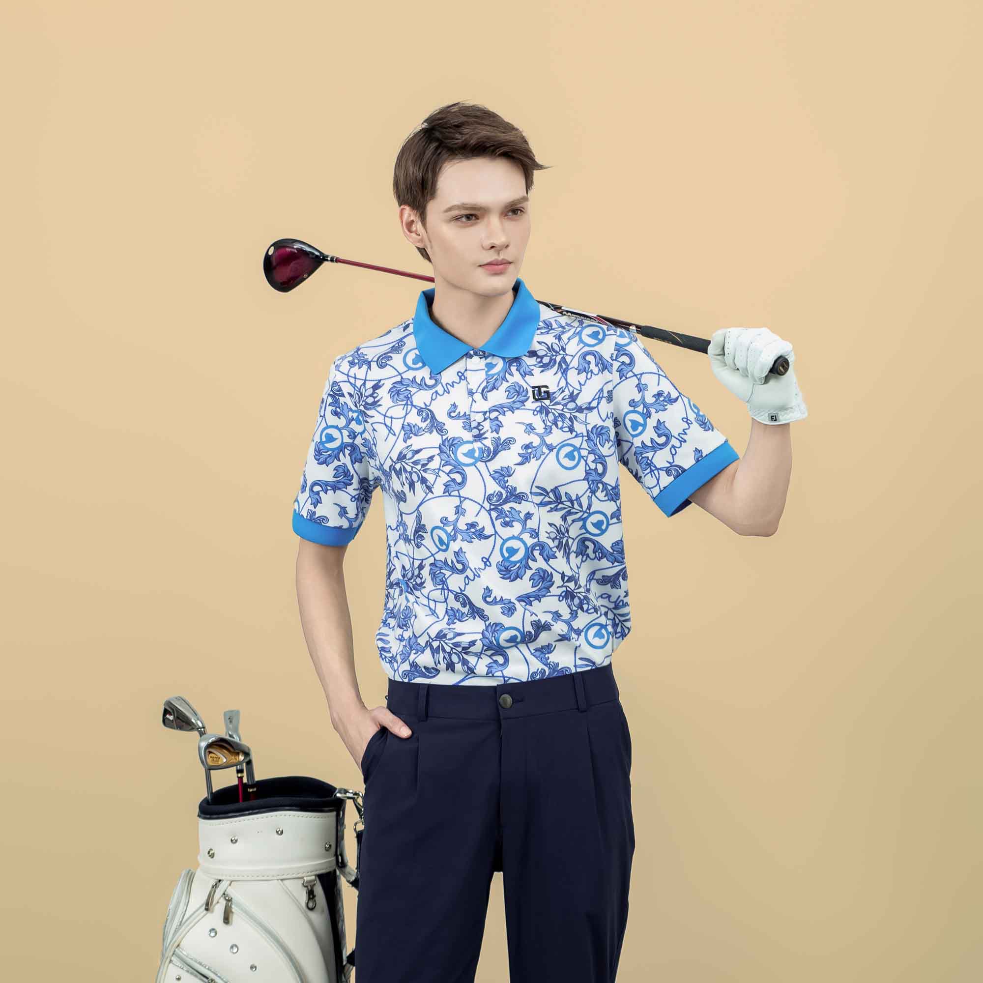 Áo Polo In Họa Tiết Baroque Nam Xanh