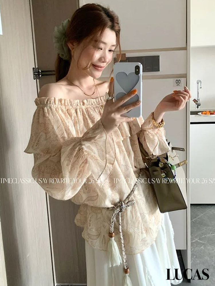 Áo sơ mi trễ vai voan hoa bèo ngực + belt tết, hạt gỗ_thumbnail_2