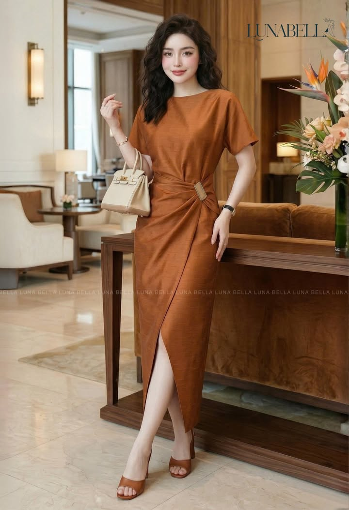 Váy tafta lụa dài AVENOR màu NÂU