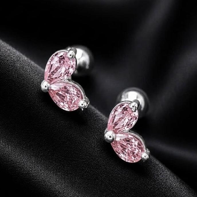 Khuyên kiểu bạc xi kim 2 cánh đá hồng