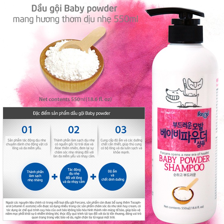 Baby Powder Forcans 550ml - Dầu gội dưỡng da và lông cho chó con Hàn Quốc