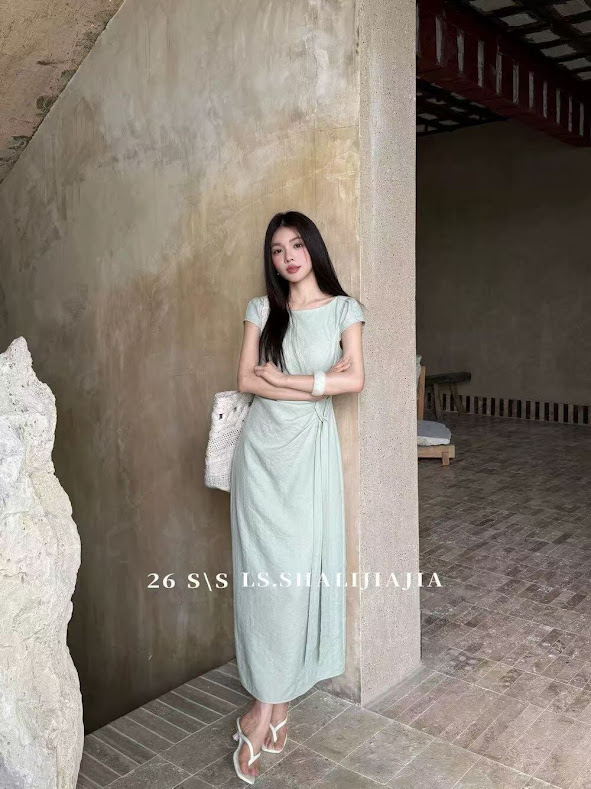 Lucas - Váy cổ thuyền cộc tay dáng dài may rúm phối dây buộc lệch eo_thumbnail_7