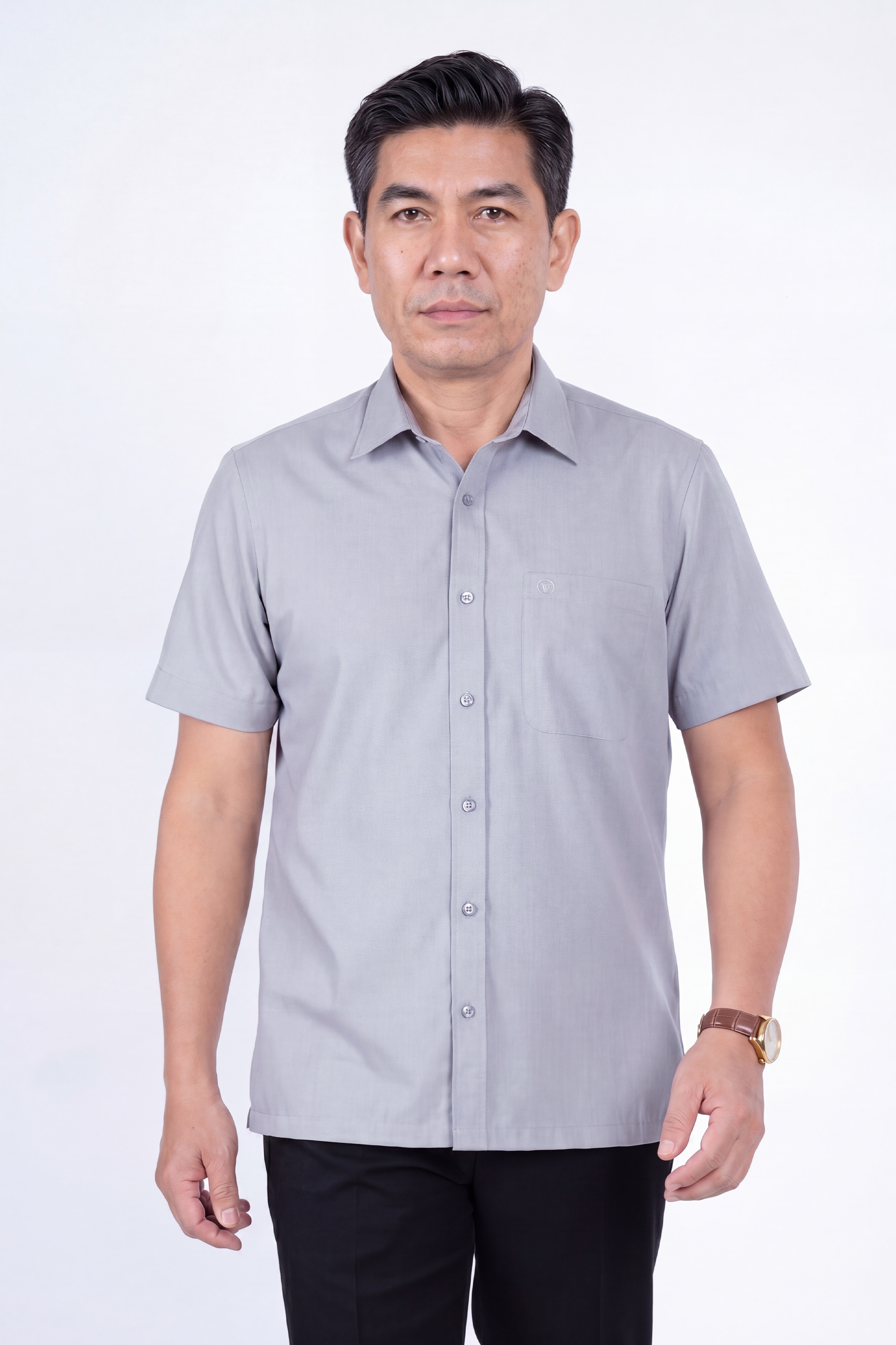 Áo Sơ Mi Cotton Trơn Cộc Tay Nam Trung Niên Mềm Mại Thấm Hút Tốt Màu Ghi