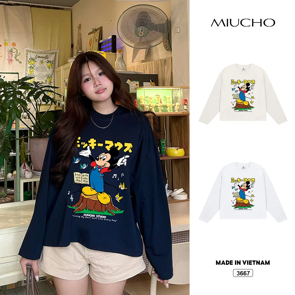 Áo thun boxy tay dài hoạt hình Chuột Miucho 3667