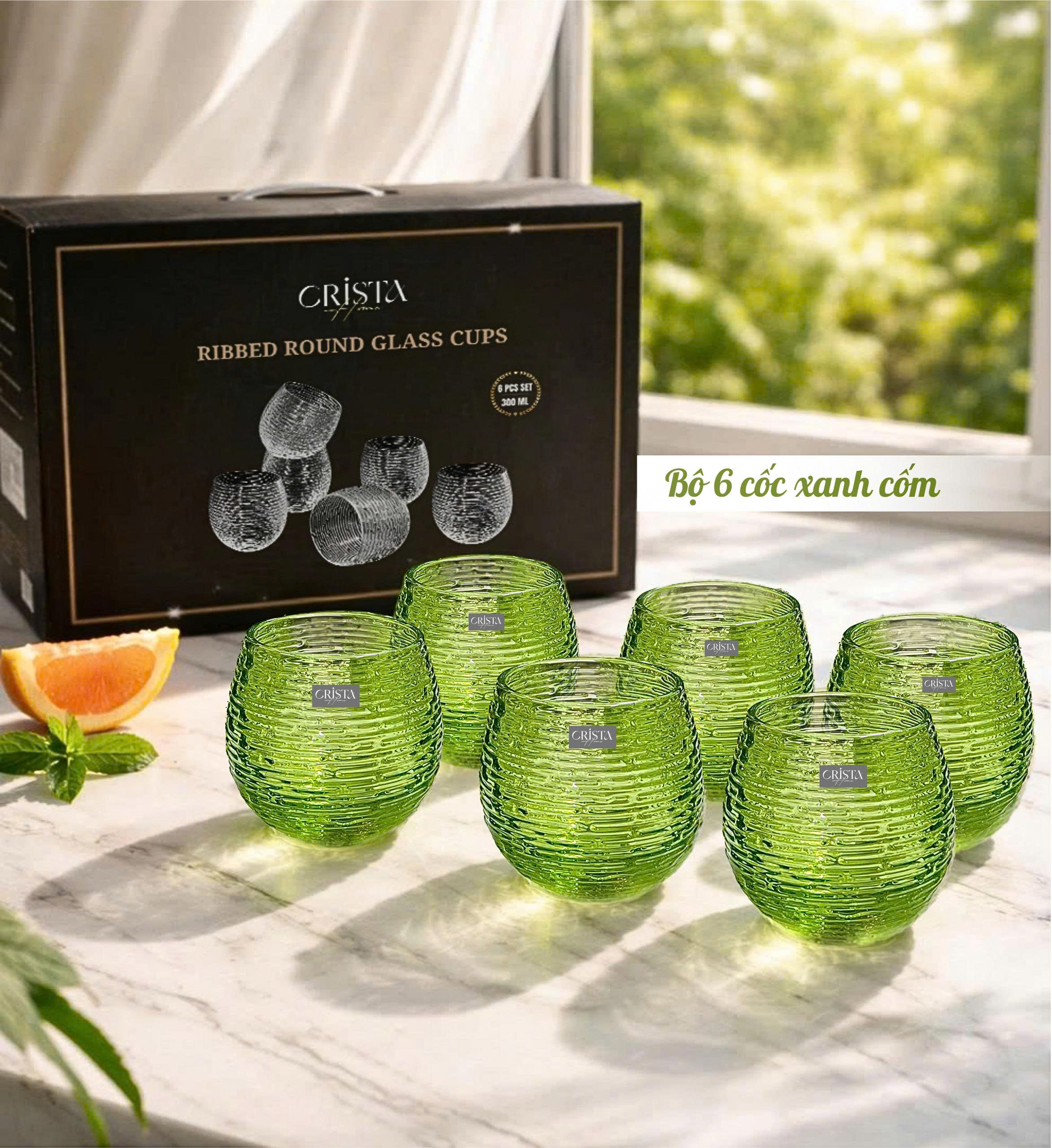 Set 6 cốc thủy tinh dáng bầu vân ngang 300ml Crista Home 60254_thumbnail_16