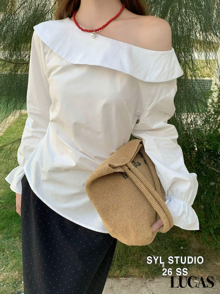Áo sơ mi lệch vai SYL STUDIO vạt chéo sẻ 1 bên chun cổ tay loe_thumbnail_8