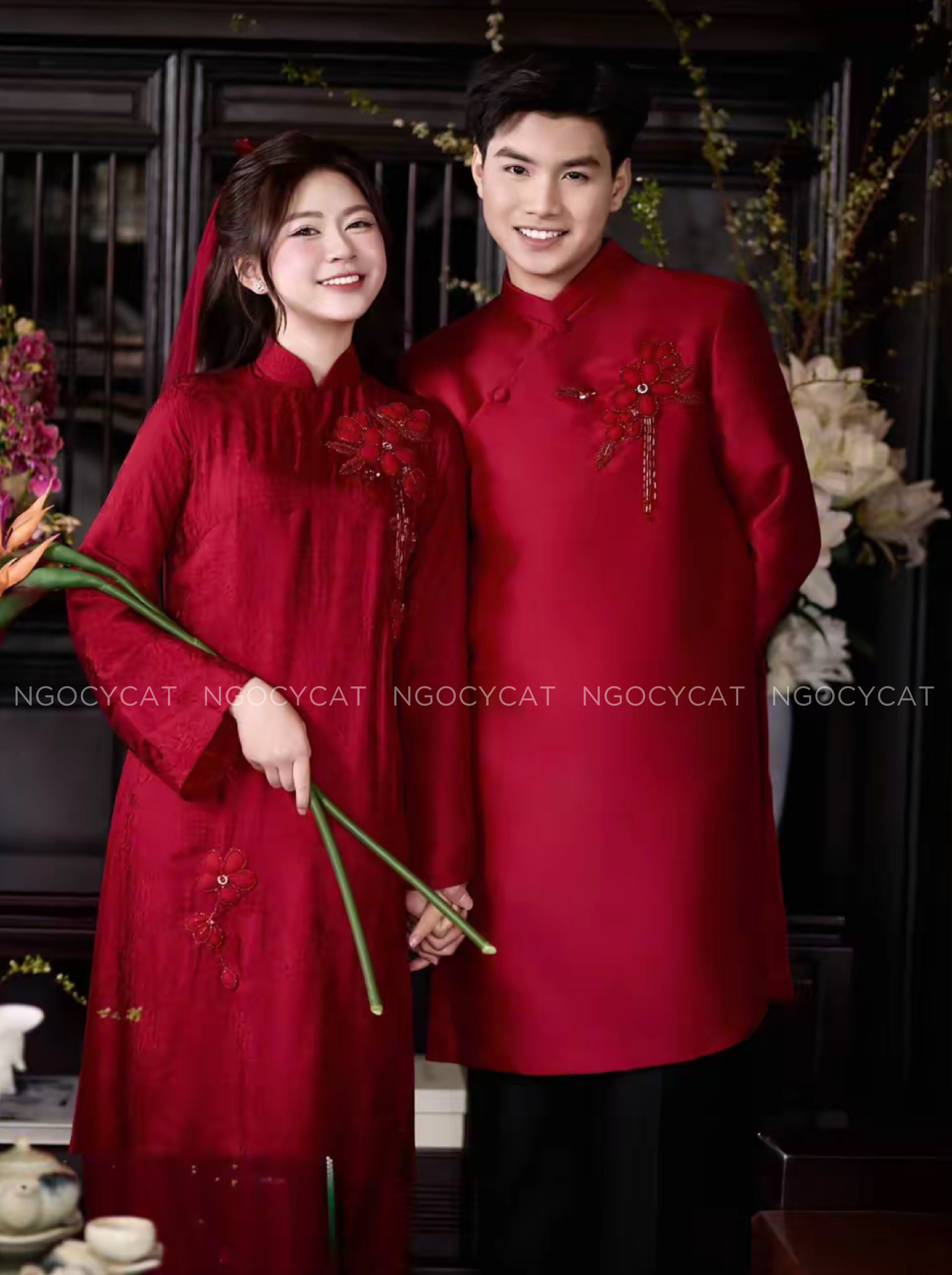 Áo Dài Dâu Rể Đỏ Tơ Tằm Đính Hoa Nổi