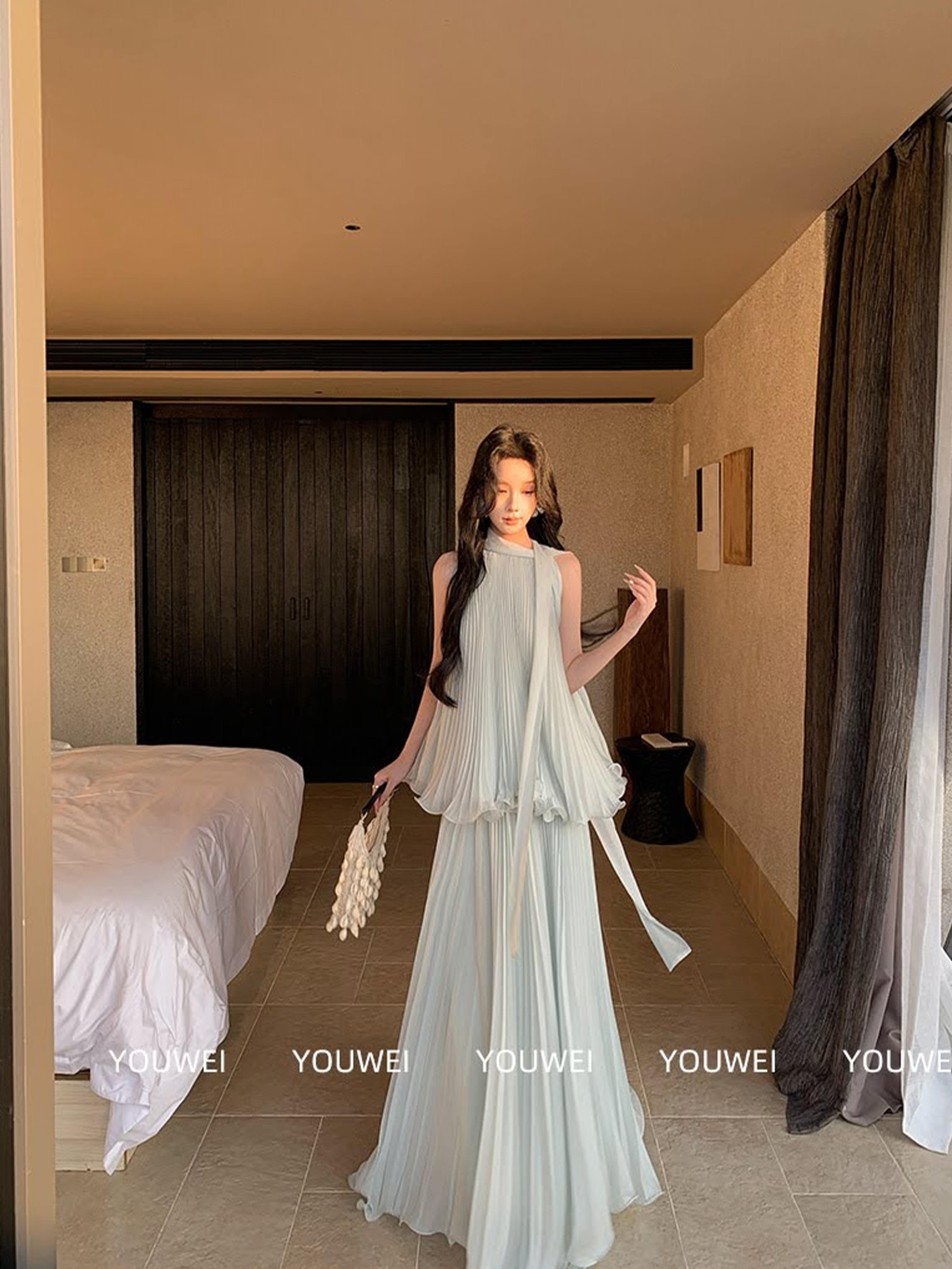 Lucas - Váy voan tơ maxi vải xếp ly vải loang_thumbnail_4