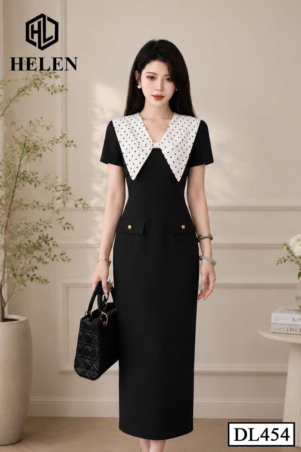 Đầm ôm đen phối cổ nơ chấm DL454