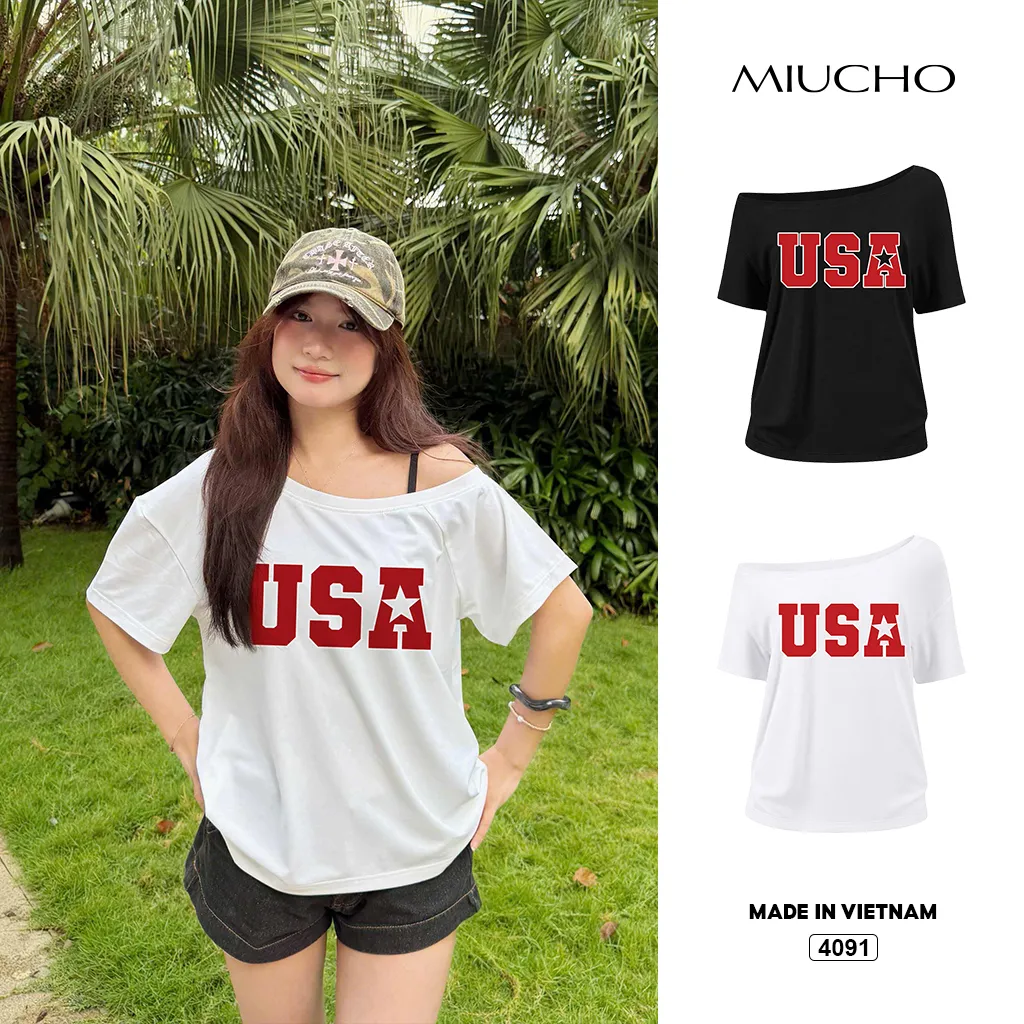 Áo thun nữ form rộng lệch vai street wear style Miucho 4091