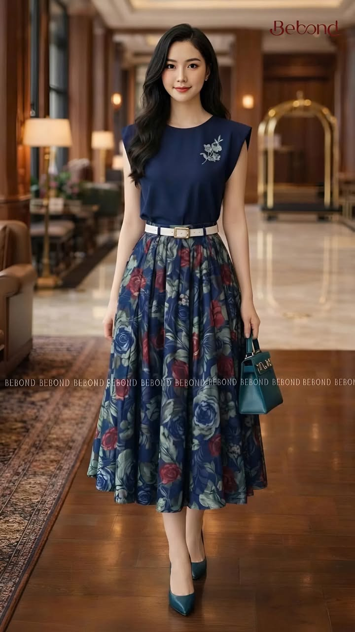 Áo lụa thêu hoa VELOUR màu XANH NAVY