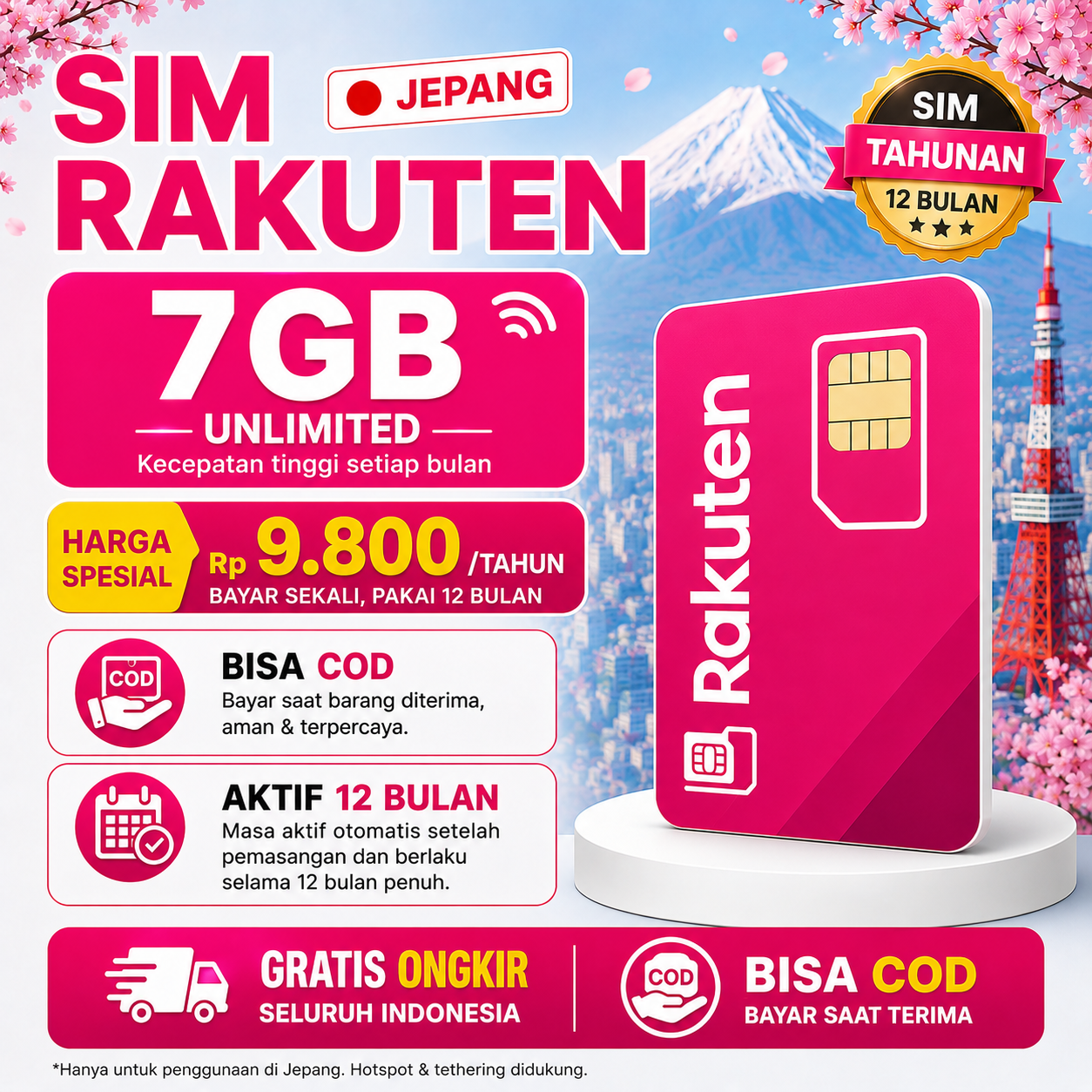 SIM Rakuten 7GB –  1 Tahun
