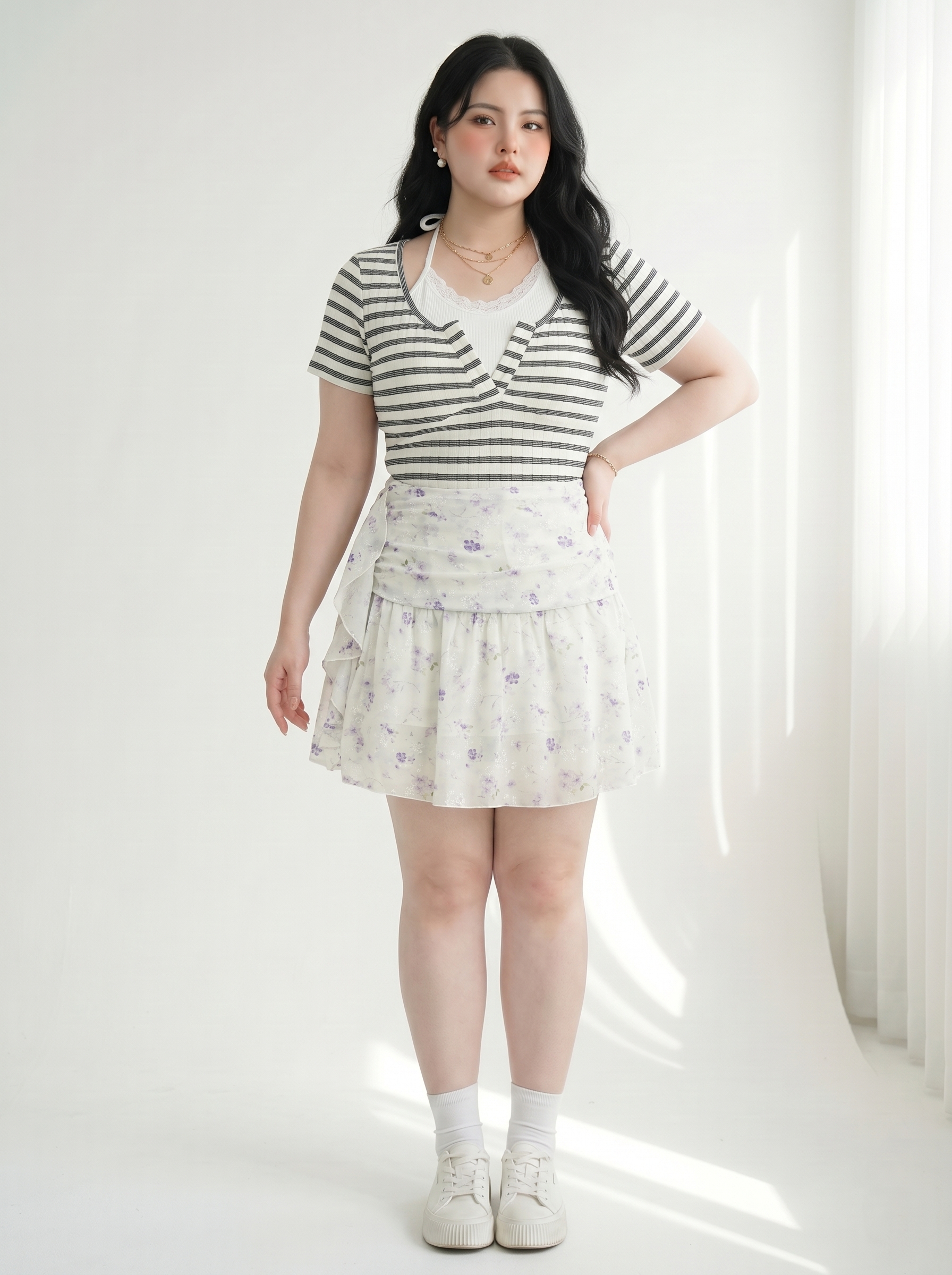 Chân Váy Voan Hoa Dáng A Bigsize Lưng Thun Có Lót Quần - Kem Hoa Tím - Vừa 55-90kg - V-CV049