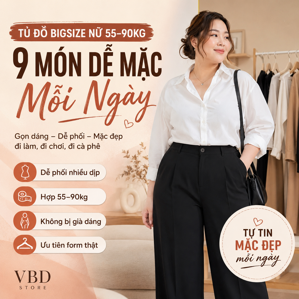 Tủ Đồ Bigsize Nữ 55–90kg: 9 Món Dễ Mặc Mỗi Ngày