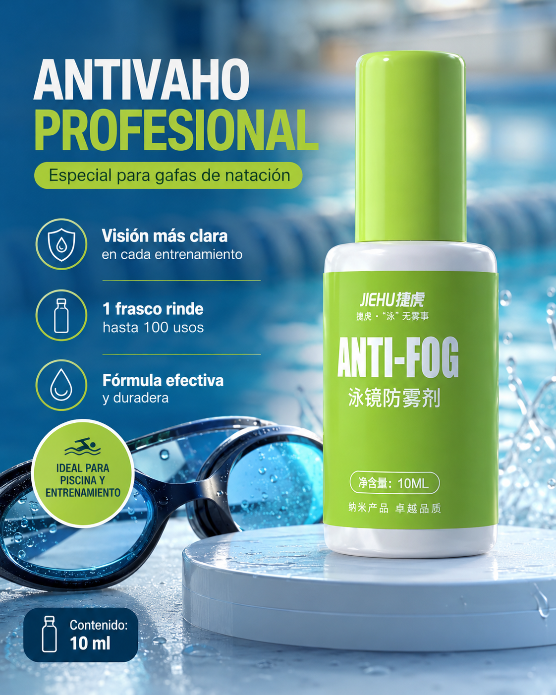 LÍQUIDO PROTECTOR ANTIVAHO, ANTINIEBLA PARA LENTES DE NATACIÓN