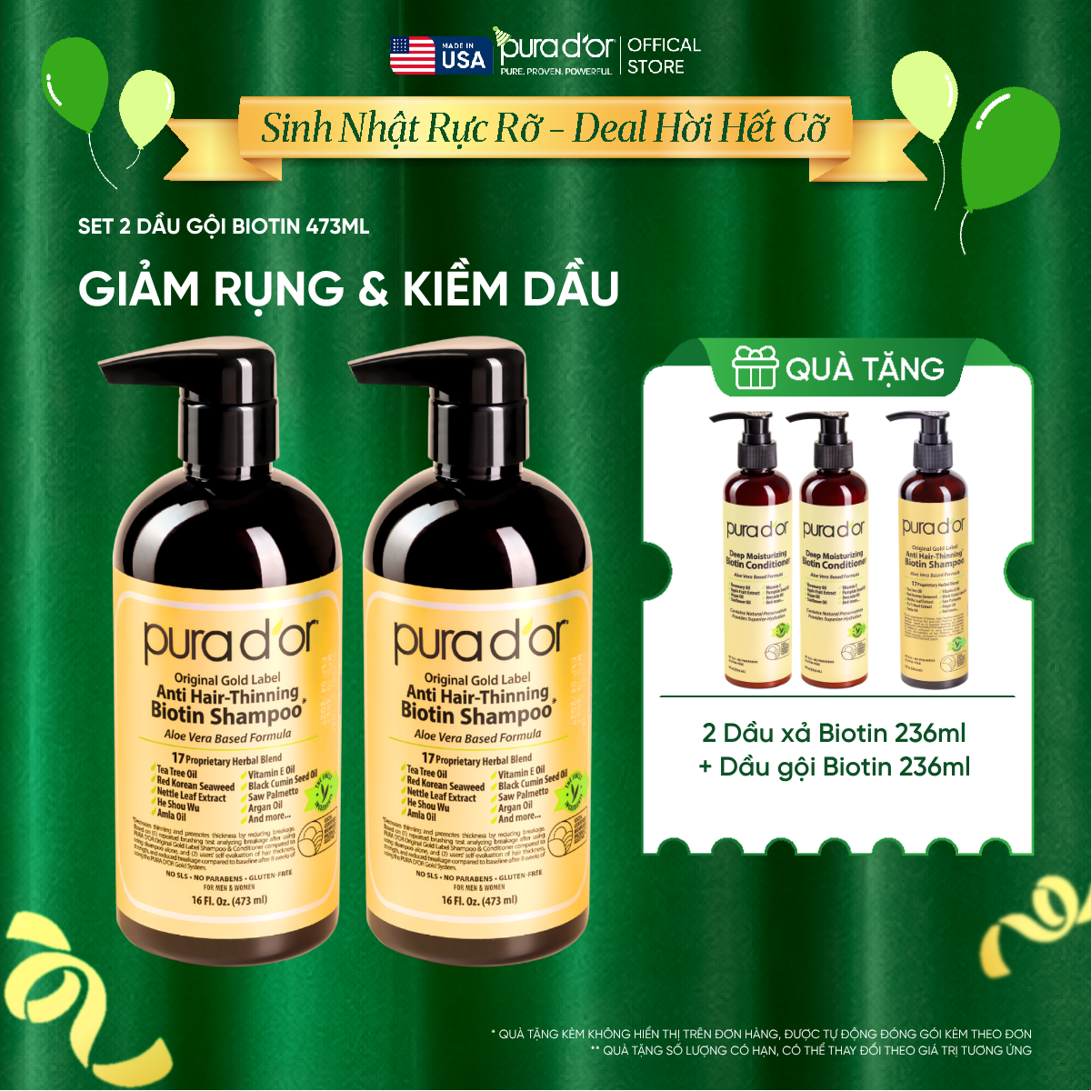 Set 2 Dầu Gội Biotin Pura D'or Original Gold Label Chăm Sóc Da Đầu, Giảm Rụng Tóc, Hỗ Trợ Mọc Tóc 473ml