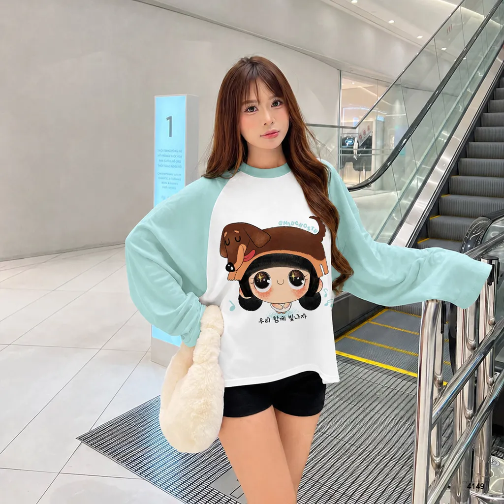 Áo thun tay dài nữ form boxy phối tay bé đội mũ cún phong cách Hàn Quốc Miucho 4149_thumbnail_2