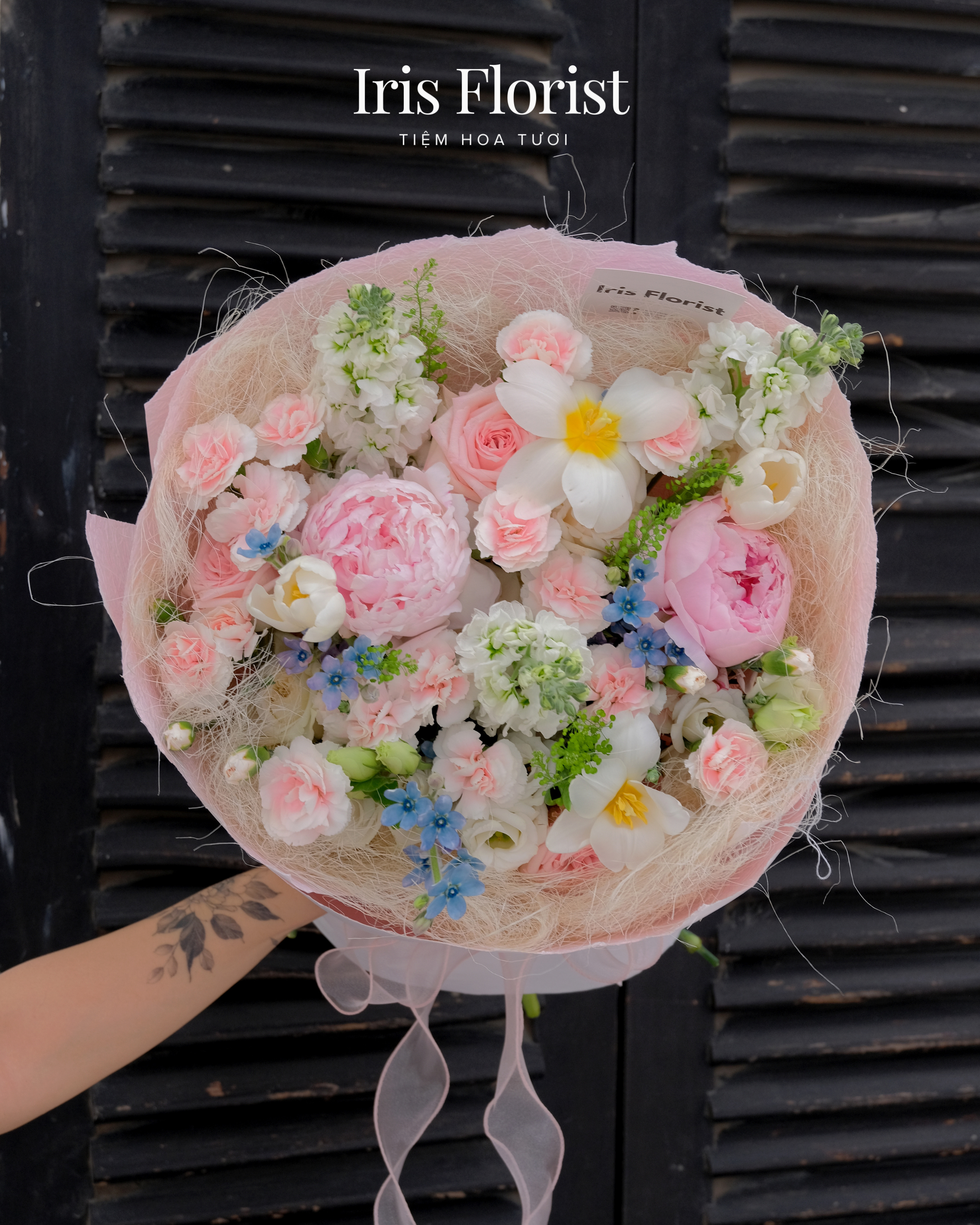 Bó Peony mix style Garden - Mix sơ và giấy xé