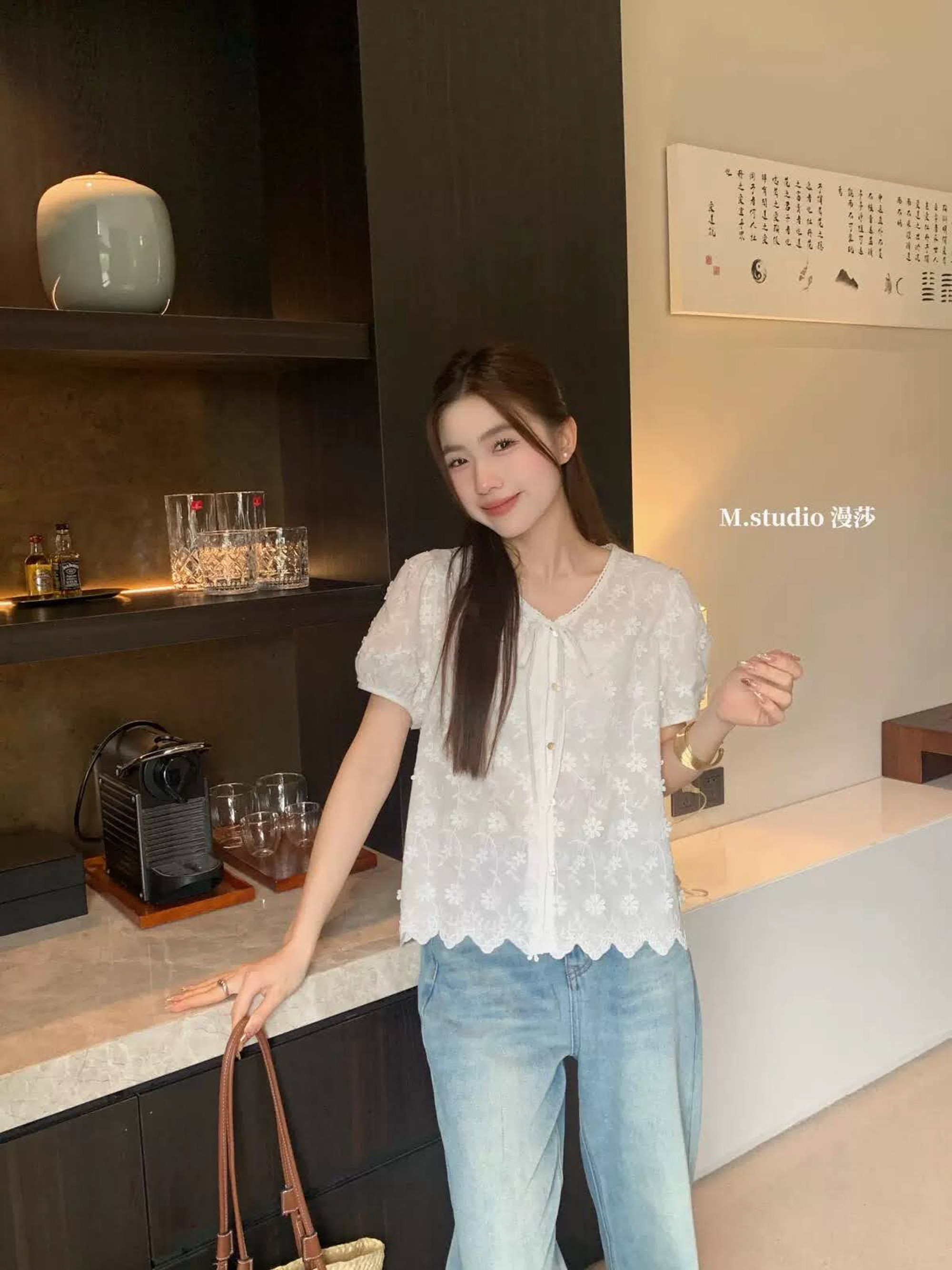 Áo sơ mi thô thêu cổ tim cài cúc nơ cổ 26006 UU_thumbnail_5