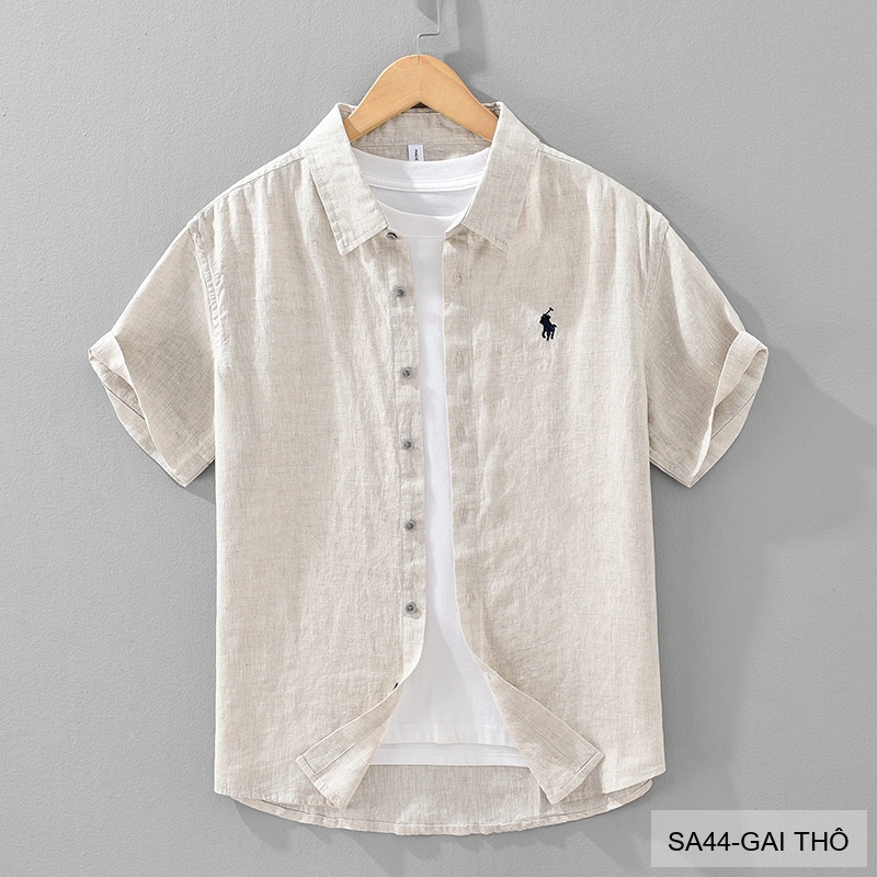 SA44 - Áo sơ mi nam tay ngắn vải lanh thoáng mát phong cách Nhật, cổ lật thêu logo nhỏ_thumbnail_12