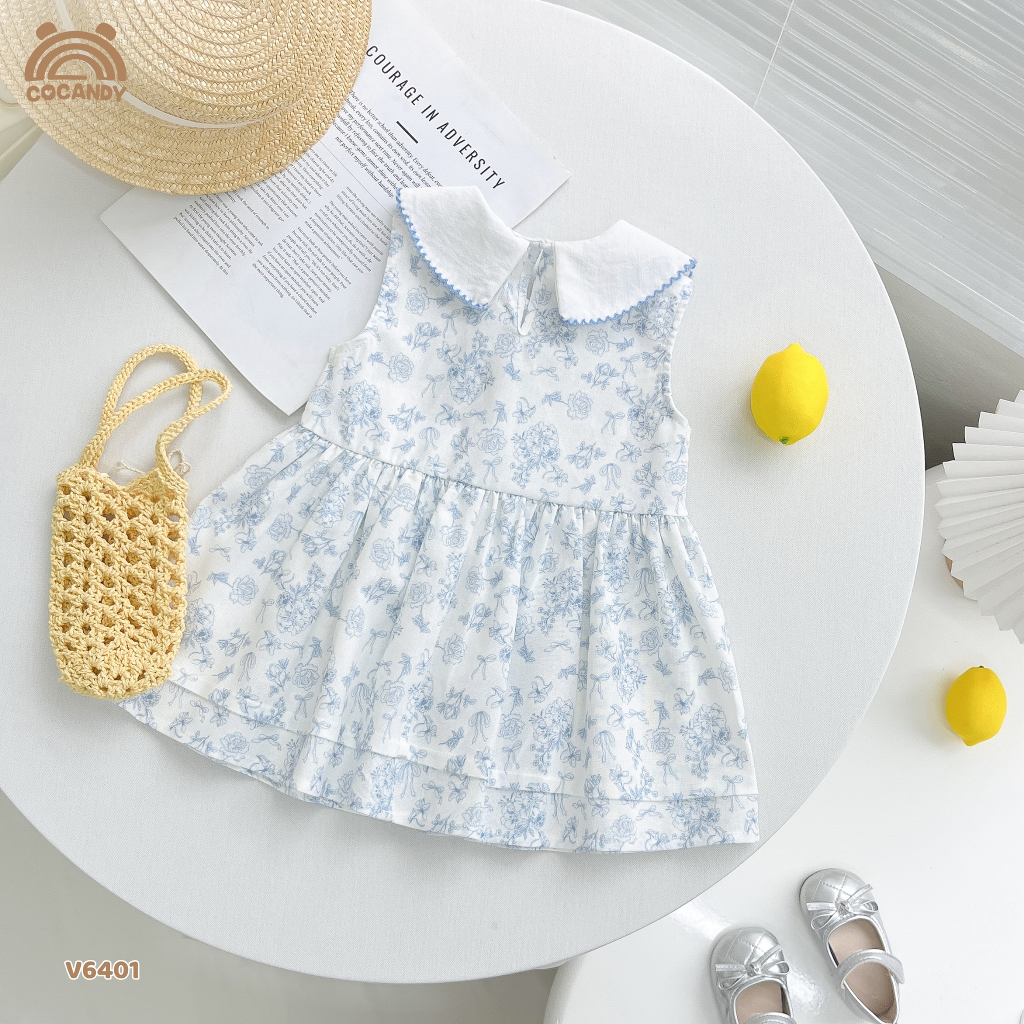 Váy sát nách linen TRẮNG hoa nhí xanh cổ nơ_thumbnail_5