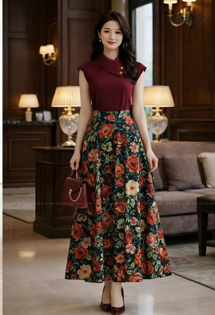 Chân váy dài in hoa ELARIS màu ĐỎ