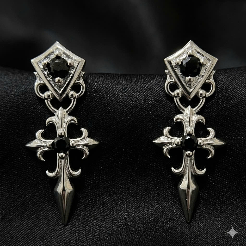 khuyên kiểu hình thánh giá chrome heart thân mảnh đính kim cương đen.