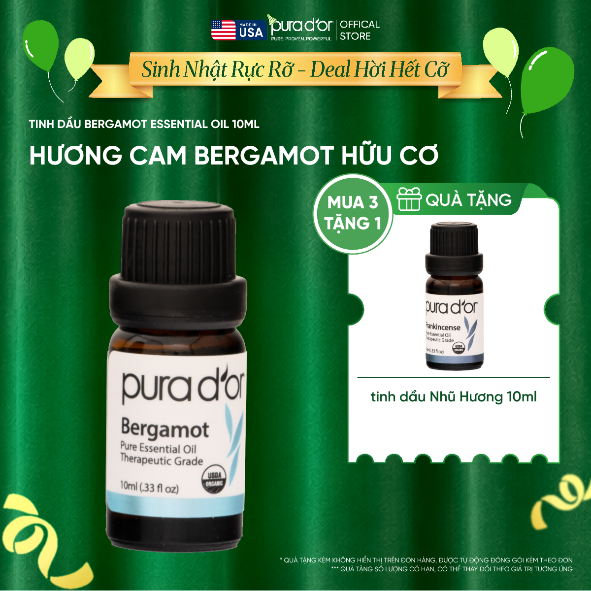 Tinh Dầu Cam Bergamot Hữu Cơ Pura D'or Therapeutic Grade Bergamot Essential Oil 10ml