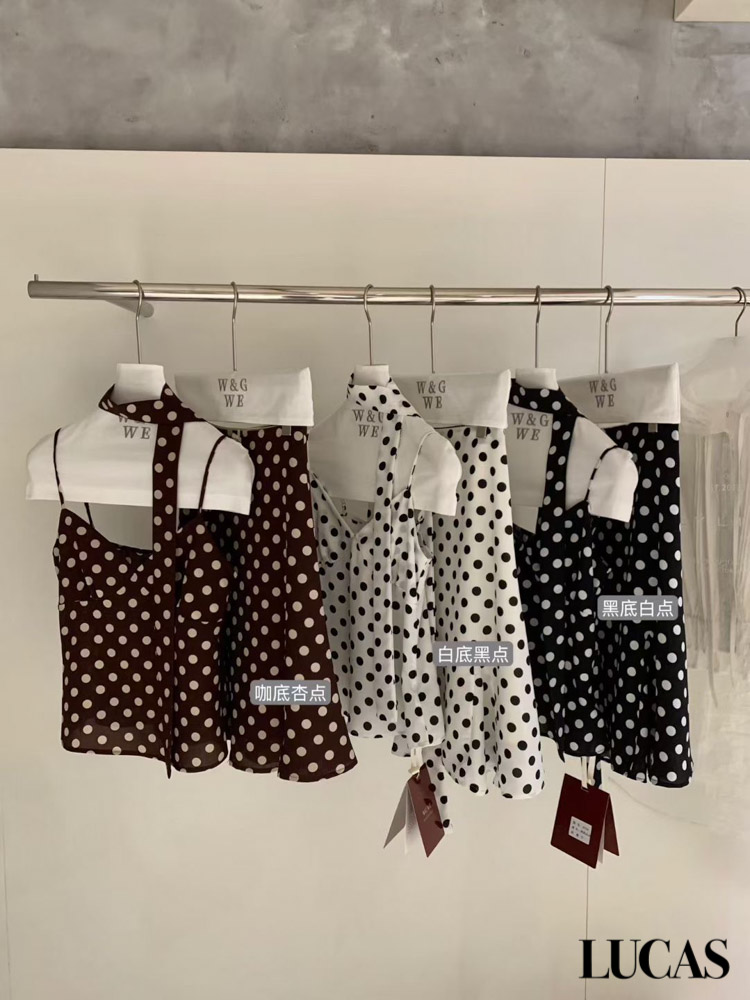 Set áo 2 dây chấm bi chéo ngực + dây vải + chân váy xòe dáng ngắn_thumbnail_1