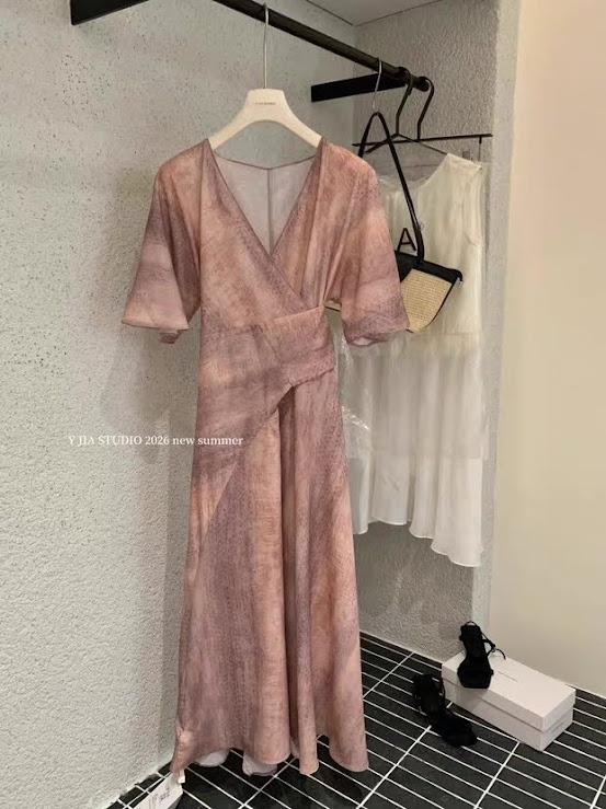 Lucas - Váy vân loang cổ tim cộc tay chân xòe xéo cổ đan YJIA 7863_thumbnail_2