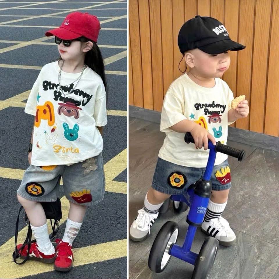 Set bộ jean trắng xanh chó mũ đỏ