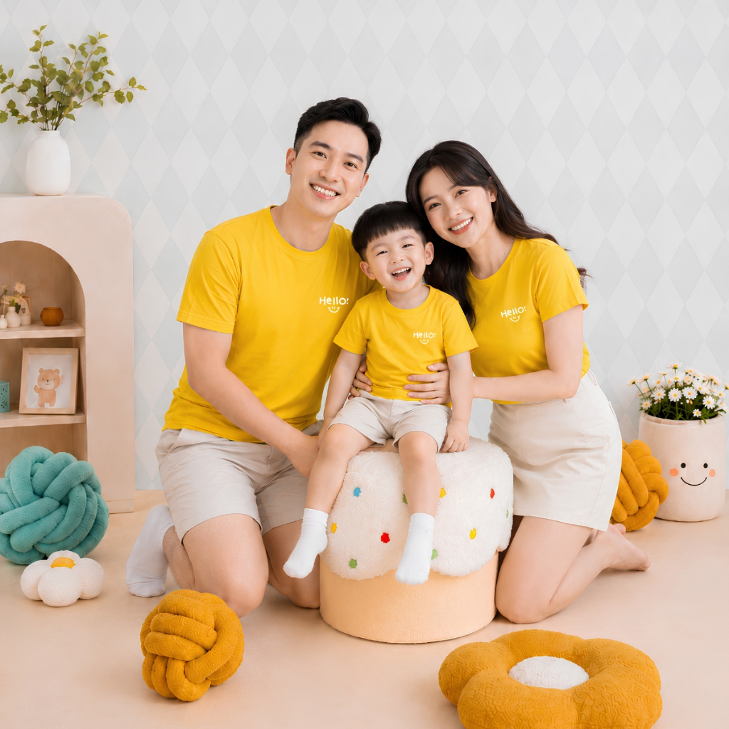 Áo phông gia đình 3,4,5 người chữ HELLO mặt cười - Loza GĐ8616