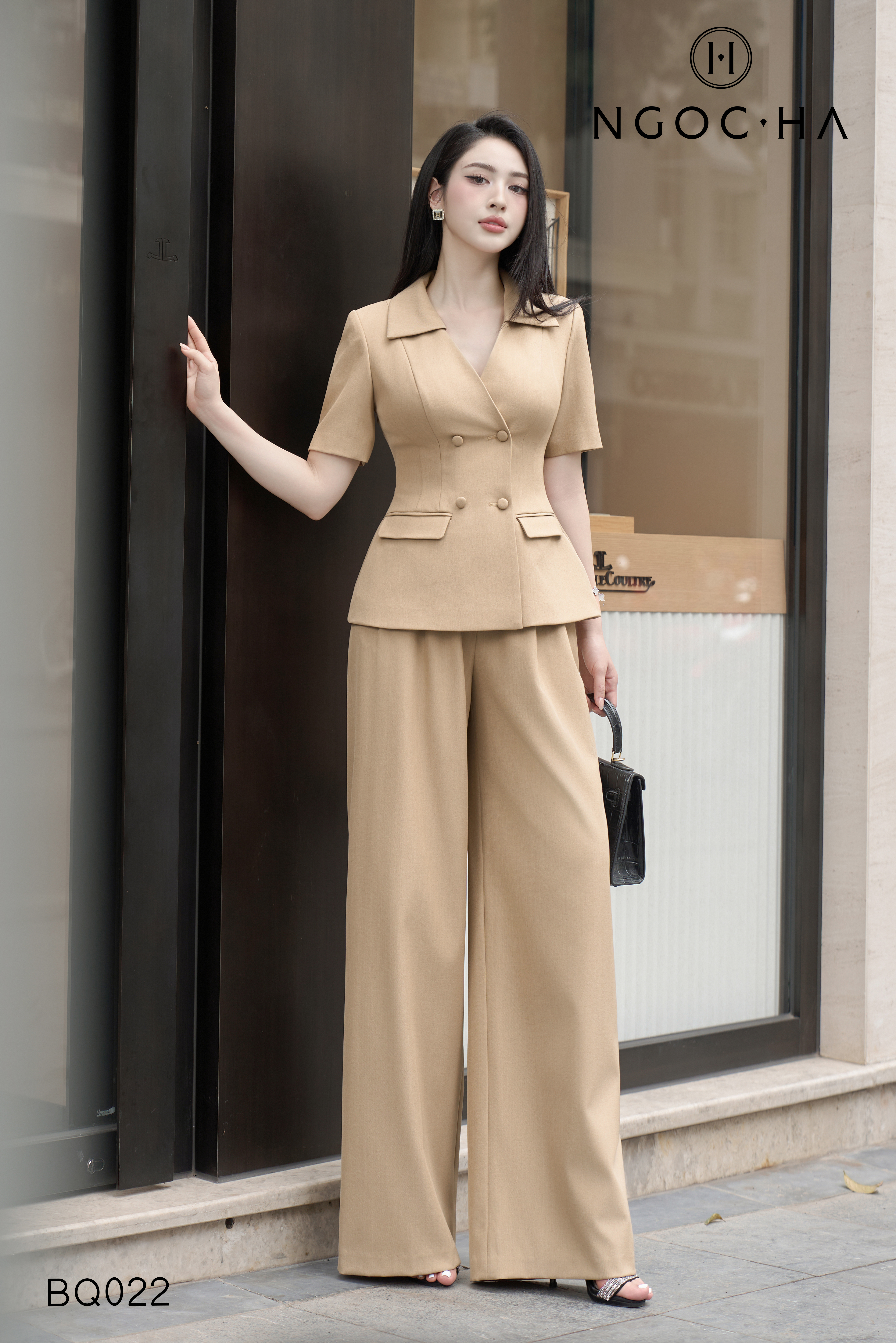 Maika Set _  Set Vest Chiết Eo Cổ V  Quần Suông Màu Bee Ngắn Tay BQ022_thumbnail_2