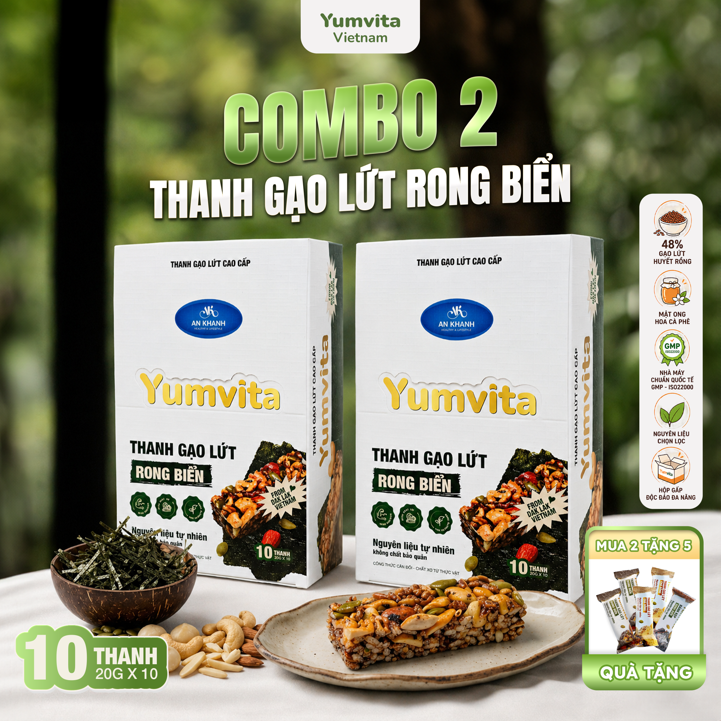 [COMBO 2 HỘP] Thanh Gạo Lứt Vị Rong Biển Yumvita - 2 Hộp 10 Thanh 200g Ăn Vặt Dinh Dưỡng Lành Mạnh