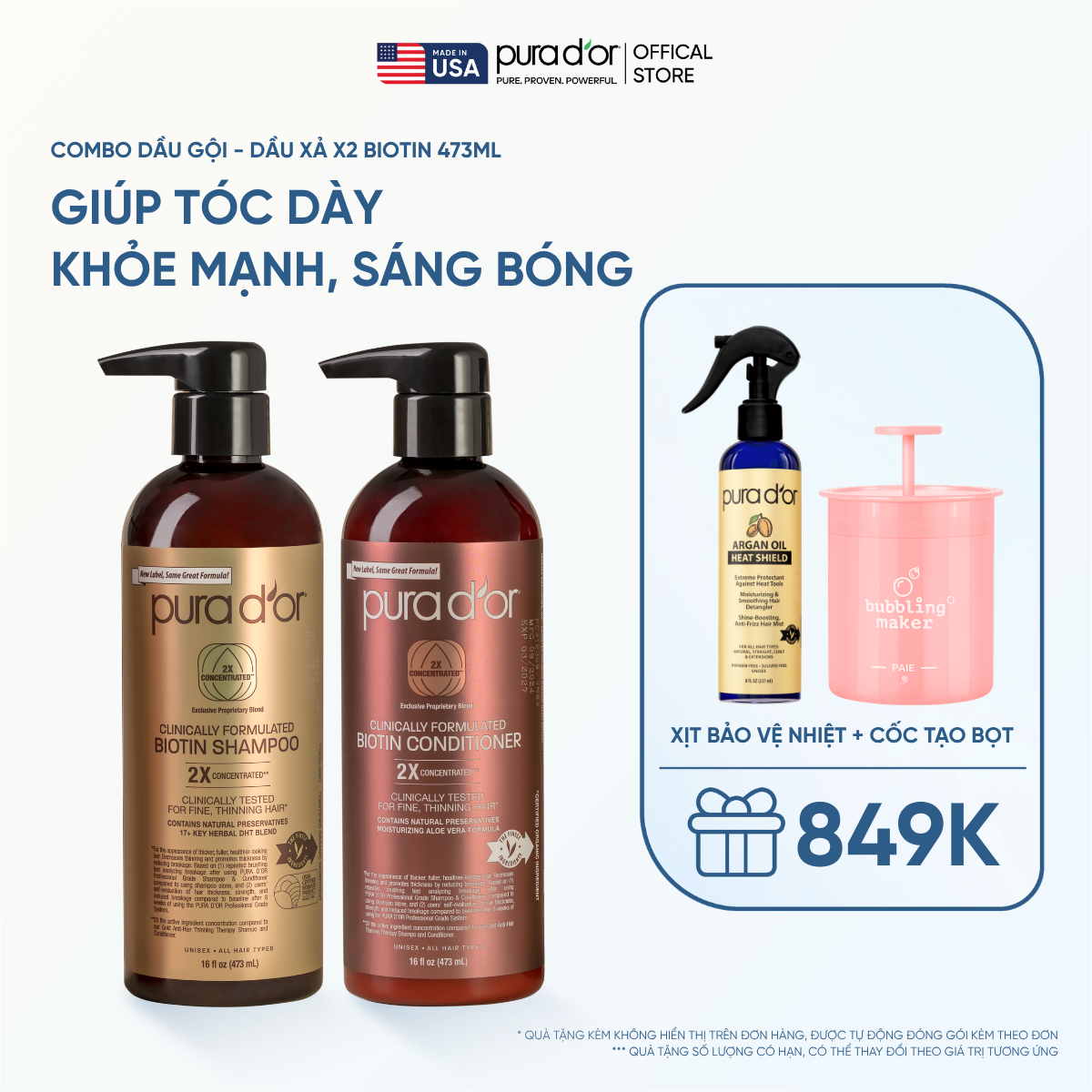 Combo Gội - Xả Pura D'or Biotin X2 Concentrated Giúp Tóc Dày, Khỏe Mạnh và Sáng Bóng Hơn 473ml