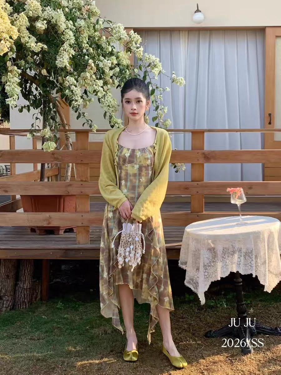 Lucas - Set váy 2 dây màu loang hoa, dây tết + áo cardigan mỏng_thumbnail_2